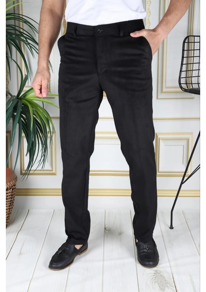 Siyah Polarlı Kadife Pantolon Esnek Kalın Fitil Klasik Kesim Yan Cepli Astarlı Phantom Jeans