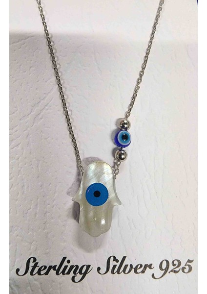 Bordo ve Beyaz Renk Olarak Çift Taraflı Kullanım Nazar Boncuklu 2.24 gr Ağırlık Fatma Ana Eli 925 Ayar Gümüş Kolye Kolye Uzunluğu 43 cm