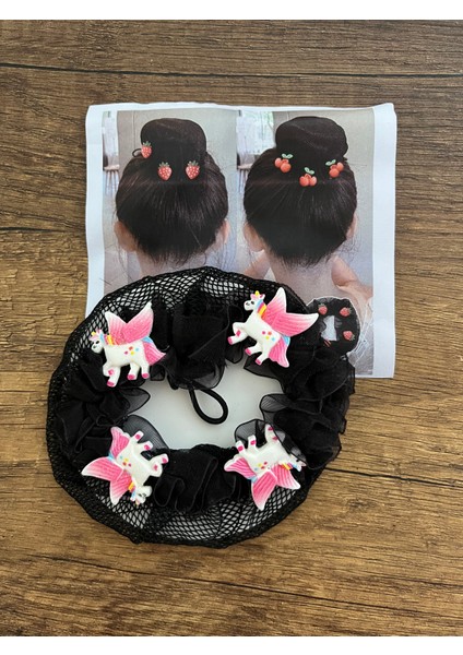 Kız Çocuk Unicorn Ponny Figürlü Tül Detaylı Siyah Balerin Tokası Topuz Tokası