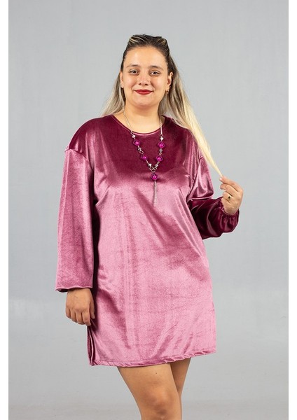 Maksimum Şıklık Kolyeli Büyük Beden Gül Kurusu Kadife Tunik