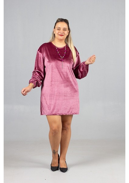 Maksimum Şıklık Kolyeli Büyük Beden Gül Kurusu Kadife Tunik fiyatları