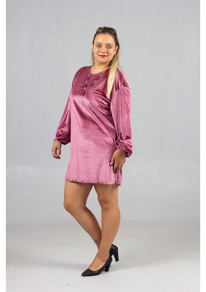 Maksimum Şıklık Kolyeli Büyük Beden Gül Kurusu Kadife Tunik indirimleri