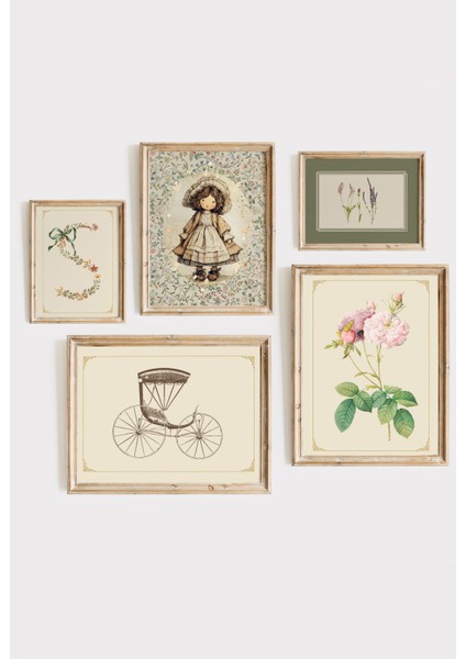 Vintage Çiçekler ve Masal Dokunuşu Çerçeveli 5'li Set Çocuk ve Bebek Odası Dekorasyon