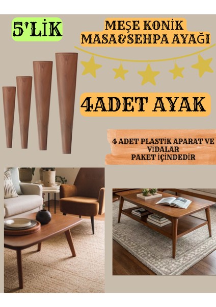 5'lik Meşe Görünümlü Masa Sehpa Ayakları 40CM-41CM-42CM-43CM-44CM-45CM
