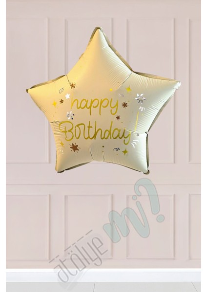 Krem Happy Birthday Yazılı Yıldız Folyo Balon