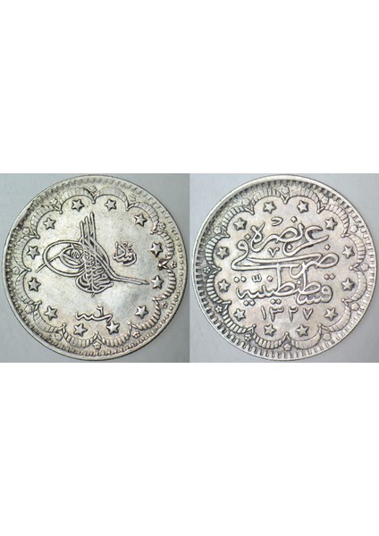 Sultan V. Mehmed Reşad Gümüş 5 Kuruş 1327/6 Istanbul Darbı. Çilaltı+