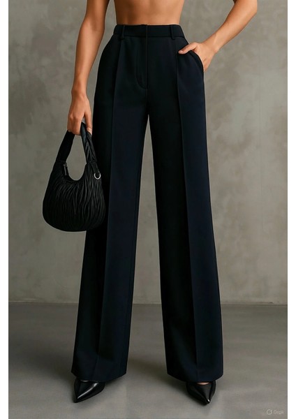 Kadın Siyah Çift Pileli Yüksek Bel Palazzo Kumaş Pantolon | Şık Ofis ve Günlük Kombinler Için