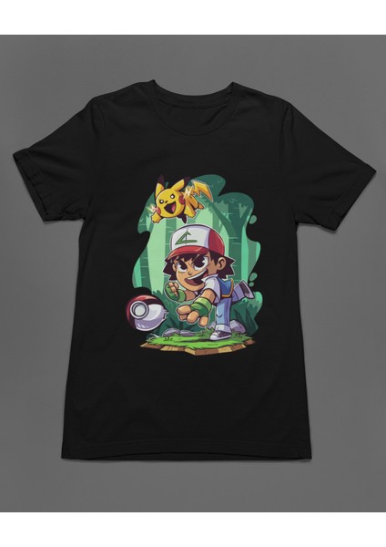 Pokemon Pikachu Ash Chibi Anime Unisex Tişört T-Shirt