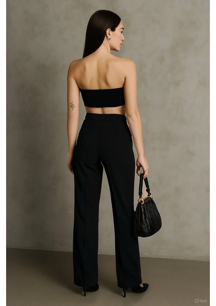 Kadın Siyah Çift Pileli Yüksek Bel Palazzo Kumaş Pantolon | Şık Ofis ve Günlük Kombinler Için