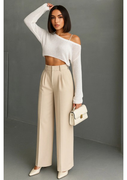 Kadın Siyah Çift Pileli Yüksek Bel Palazzo Kumaş Pantolon | Şık Ofis ve Günlük Kombinler Için modelleri