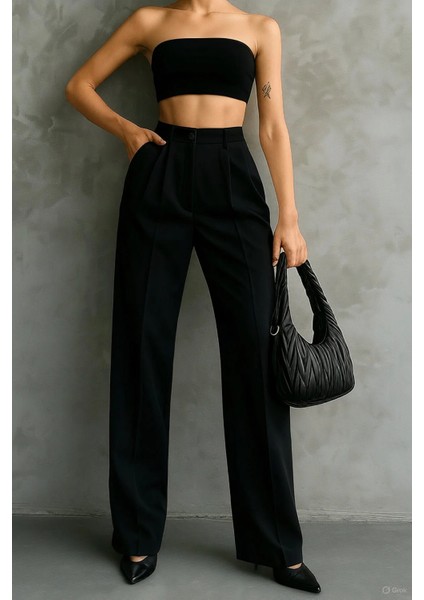 Kadın Siyah Çift Pileli Yüksek Bel Palazzo Kumaş Pantolon | Şık Ofis ve Günlük Kombinler Için