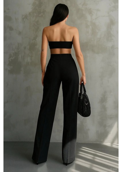 Kadın Siyah Çift Pileli Yüksek Bel Palazzo Kumaş Pantolon | Şık Ofis ve Günlük Kombinler Için modelleri