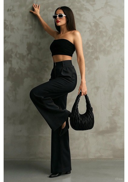 Kadın Siyah Çift Pileli Yüksek Bel Palazzo Kumaş Pantolon | Şık Ofis ve Günlük Kombinler Için fırsatları