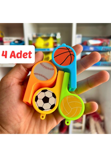 4’lü Renkli Plastik Düdük Seti - Sarı Mavi Turuncu Yeşil Parti Spor Etkinlik Oyuncak Düdük