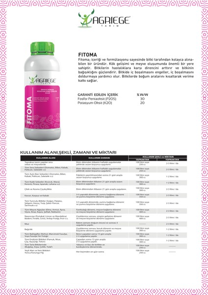 Fitoma 1 Litre ( 0 . 30 . 20. Içerikli Sıvı Fosfor Potasyum Gübre ) fiyatları