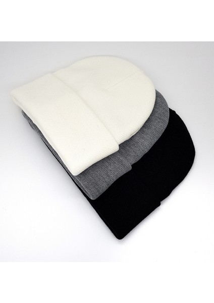 Unisex Basic Triko Yünlü Düz Bere 3'lü Set Beyaz Gri Siyah