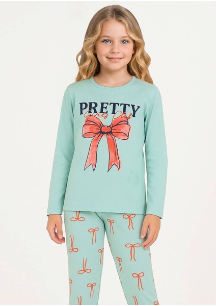 Kız Çocuk Pretyy Baskılı Uzun Kollu %100 Pamuklu Pijama Takımı