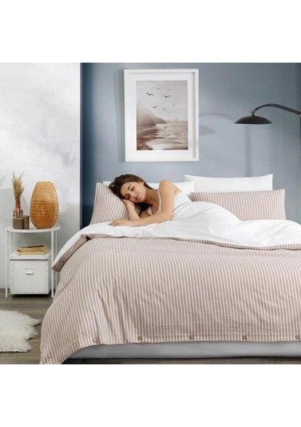Çift Kişilik %100 Pamuk Ranforce Düğmeli Nevresim Takımı – Lastiksiz Çarşaflı 200x220 cm Bej