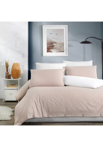 Çift Kişilik %100 Pamuk Ranforce Düğmeli Nevresim Takımı – Lastiksiz Çarşaflı 200x220 cm Bej fiyatları