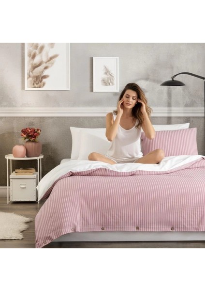 Çift Kişilik %100 Pamuk Ranforce Düğmeli Nevresim Takımı – Lastiksiz Çarşaflı 200x220 cm Pembe