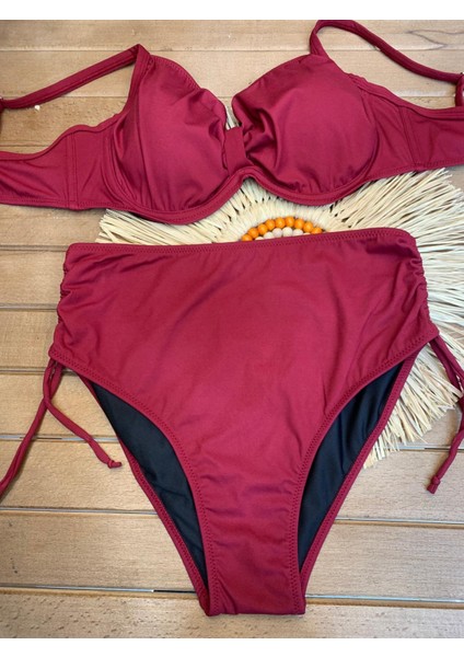 Kadın Siyah Likralı Esnek Şık Rahat Büyük Beden Telli Balenli Toparlayıcı Yüksek Bel Bikini Takım