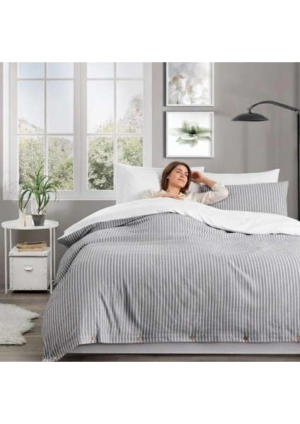 Çift Kişilik %100 Pamuk Ranforce Düğmeli Nevresim Takımı – Lastiksiz Çarşaflı 200x220 cm Gri