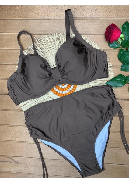Kadın Siyah Likralı Esnek Şık Rahat Büyük Beden Telli Balenli Toparlayıcı Yüksek Bel Bikini Takım
