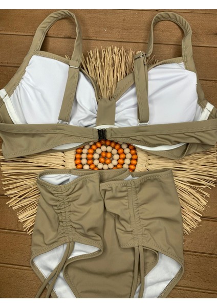 Kadın Siyah Likralı Esnek Şık Rahat Büyük Beden Telli Balenli Toparlayıcı Yüksek Bel Bikini Takım
