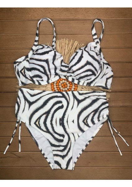 Kadın Siyah Likralı Esnek Şık Rahat Büyük Beden Telli Balenli Toparlayıcı Yüksek Bel Bikini Takım