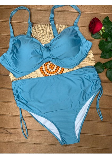 Kadın Siyah Likralı Esnek Şık Rahat Büyük Beden Telli Balenli Toparlayıcı Yüksek Bel Bikini Takım