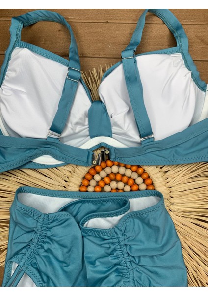 Kadın Siyah Likralı Esnek Şık Rahat Büyük Beden Telli Balenli Toparlayıcı Yüksek Bel Bikini Takım