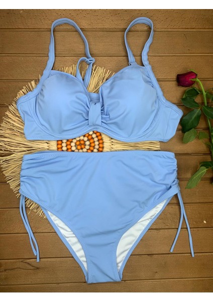 Kadın Siyah Likralı Esnek Şık Rahat Büyük Beden Telli Balenli Toparlayıcı Yüksek Bel Bikini Takım