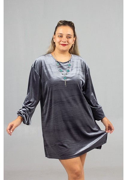 Maksimum Şıklık Kolyeli Büyük Beden Gri Kadife Tunik