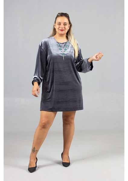 Maksimum Şıklık Kolyeli Büyük Beden Gri Kadife Tunik fırsatları