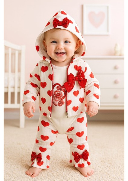 Coşay Bebe Kız 9-12-18 Ay Büyük Kalpli 3lü Takım %100 Pamuk