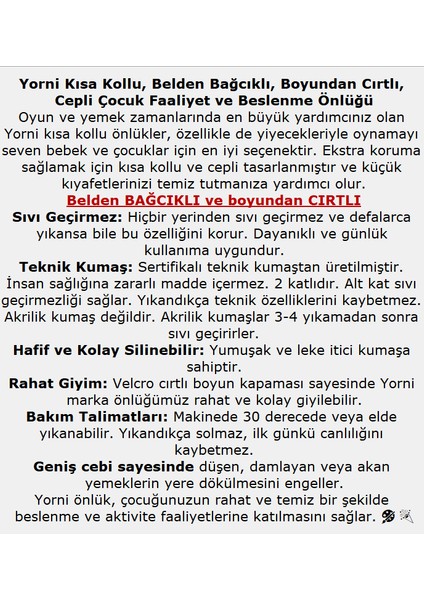 3-6 Yaş, Family Kısa Kollu Sıvı Geçirmez Çocuk Önlük, Makinede Yıkanabilir, Boya, Oyun ve Yemek Zamanı