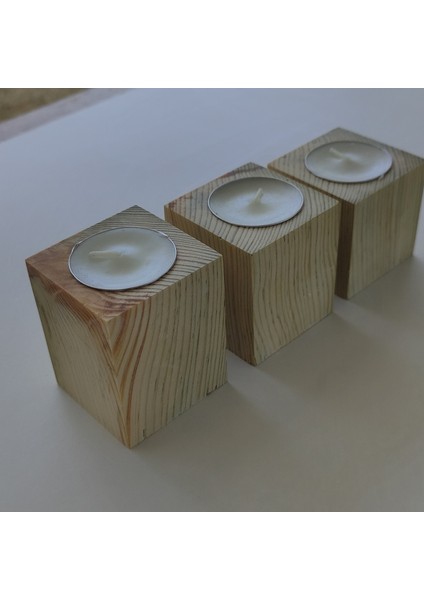 10 Adet 3 Lü Set (Toplam 30 Mumluk)Doğal Ahşap Küp Mumluk 6 x 6 cm (Mum Dahil)