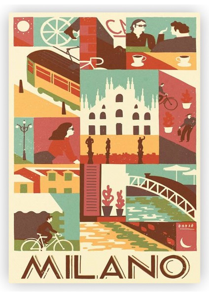 Milano Şehri ve Simgeleri Ahşap Poster 20X29 cm