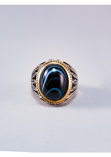 Osmanlı Stil Siyah Oval Dumanlı Mermer Desenli 925 Ayar Gümüş Yüzük Parmağa Göre Ayarlanır 10.60 gr