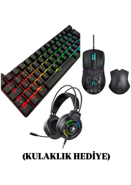 Kablolu Oyuncu Klavyesi Rgb Mekanik Klavye T60 + Oyuncu Mouse + Hediye Oyuncu Kulaklık Hediye