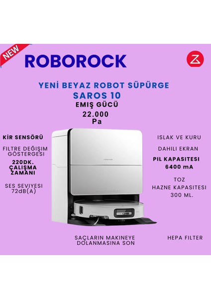 Saros 10 Çöp Istasyonlu Beyaz Akıllı Robot Süpürge
