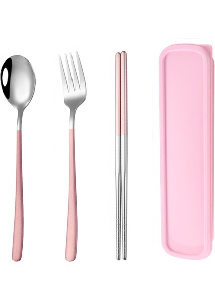 Pembe Renk Premium Çocuk Paslanmaz Çelik Çatal-Kaşık ve Çubuk Set, 5 Parça (24+ Ay)