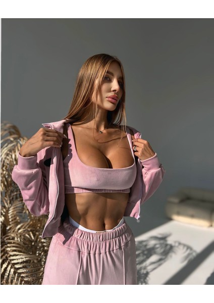 Kadın Crop Bralet Ipek Kadife Eşofman Takımı 3'lü Pembe fiyatları
