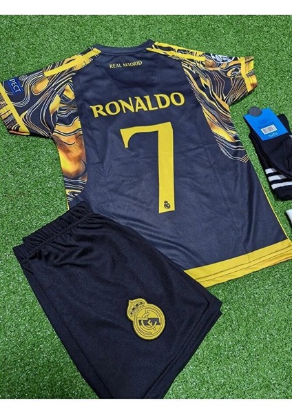 R.madridd 2024/25 Sezonu Cristiano Ronaldo Konsept Çocuk Forması 3'lü Set (Black-Yellow) modelleri