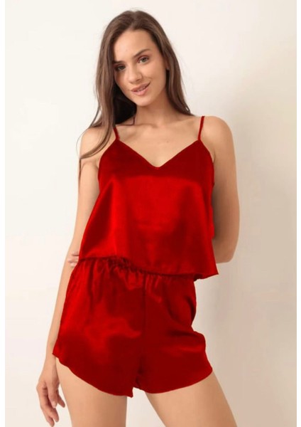 Kırmızı Saten Şortlu Pijama Takımı