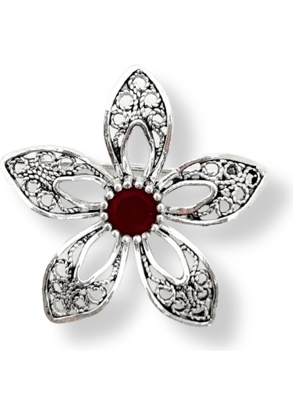 Yakut & Zümrüt Doğal Taşlı Telkari Çiçek Kadın Gümüş Broş 2.6x2.6cm