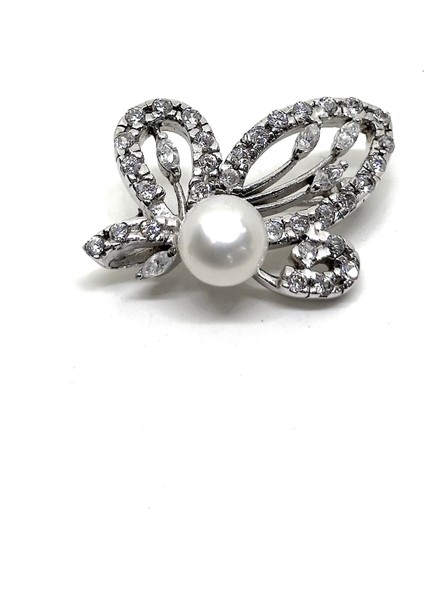 Incili Gümüş Kelebek Broş