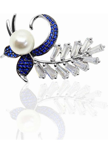 Safir Bezeli Baget Taşlı Yaprak Inci Gümüş Broş 3.5x2.3cm