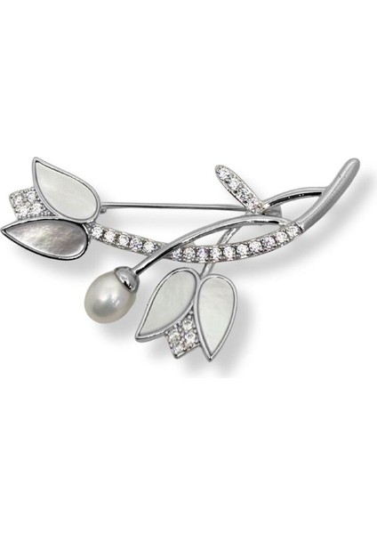 Beyaz Işıltılı Sedefli Gümüş Lale Broş – 5.2x3 cm