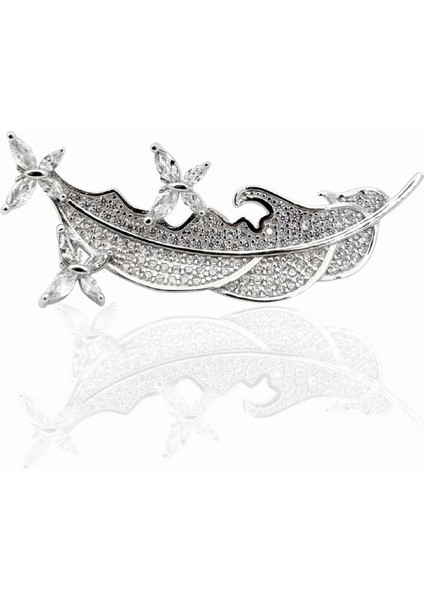Taşlı Mini Kelebekli Kuş Tüyü Gümüş Broş 4.2x1.8cm